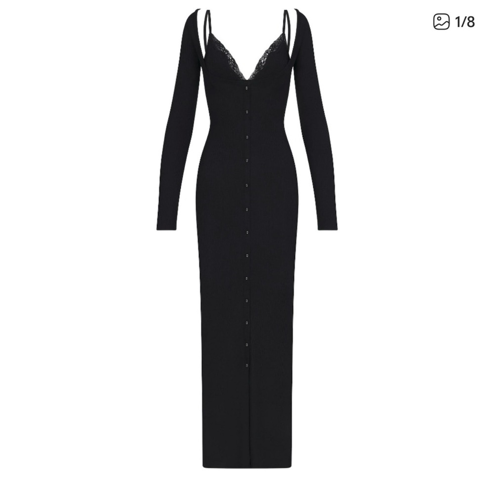 SKIMS Black Soft Lounge Lace Long Sleeve Dress with Bralette